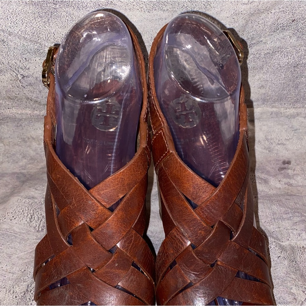 WORN 10x Tory Burch Ace Gladiator Wedges Heel Sandals Strappy 8.5 Leather Cork - Picture 4 of 9